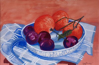 Plums and Mandarins in a Dish by Joan Thewsey
